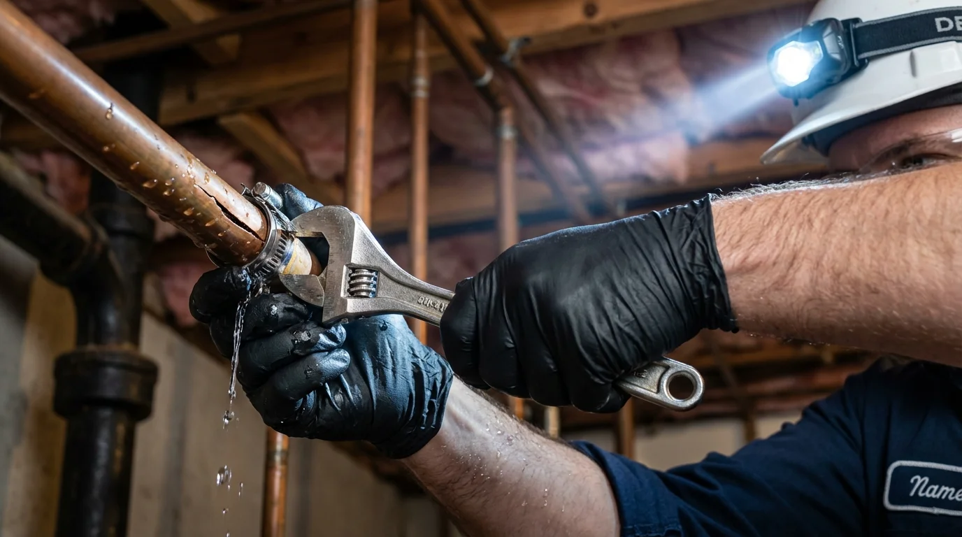 Emergency pipe clamp repair being performed by a Johns Plumbing LLC plumber in Cherokee