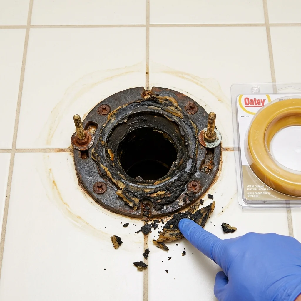 Failed wax ring showing water seepage at the base of a toilet in a Cherokee, NC home