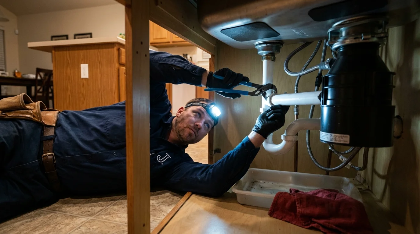 P-trap and supply line connections under a kitchen sink showing a common leak point in Cherokee, NC